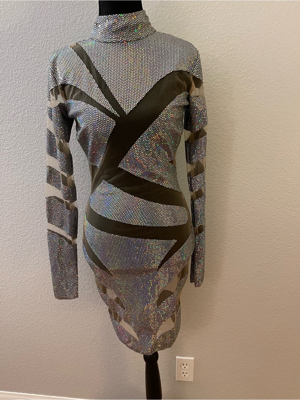 Holographic Silver Long Sleeve Bodycon Dress with Olive Accents